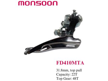 Dérailleur avant indexé 31,8 mm. tirage supérieur. Capacité 22T. Vitesse maximale 48T.