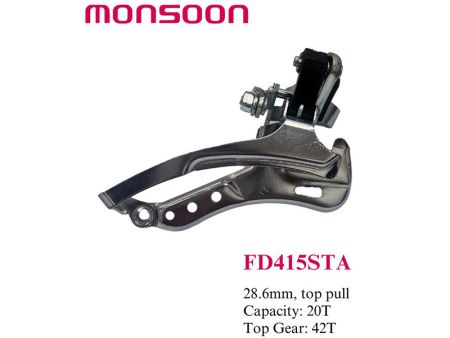 Dérailleur avant indexé 28,6 mm. tirage supérieur. Capacité 20T. Vitesse maximale 42T.